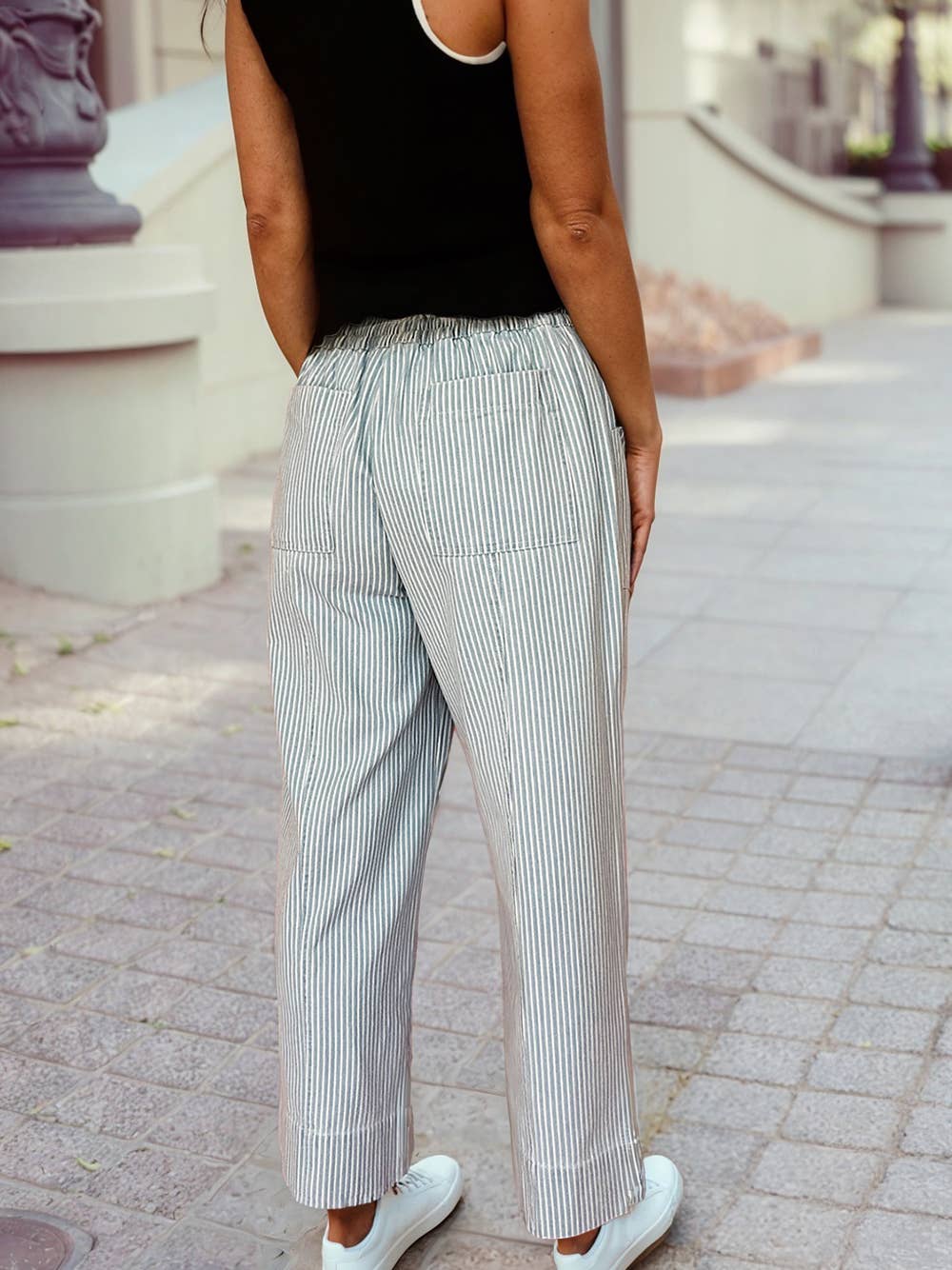 Stripe Mid Rise Drawstring Waist Pants: Sky Blue / 12