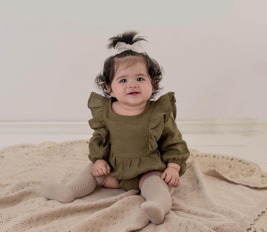 Gabriella Longsleeve Romper with Bow: Olive-moss / 12-18 months