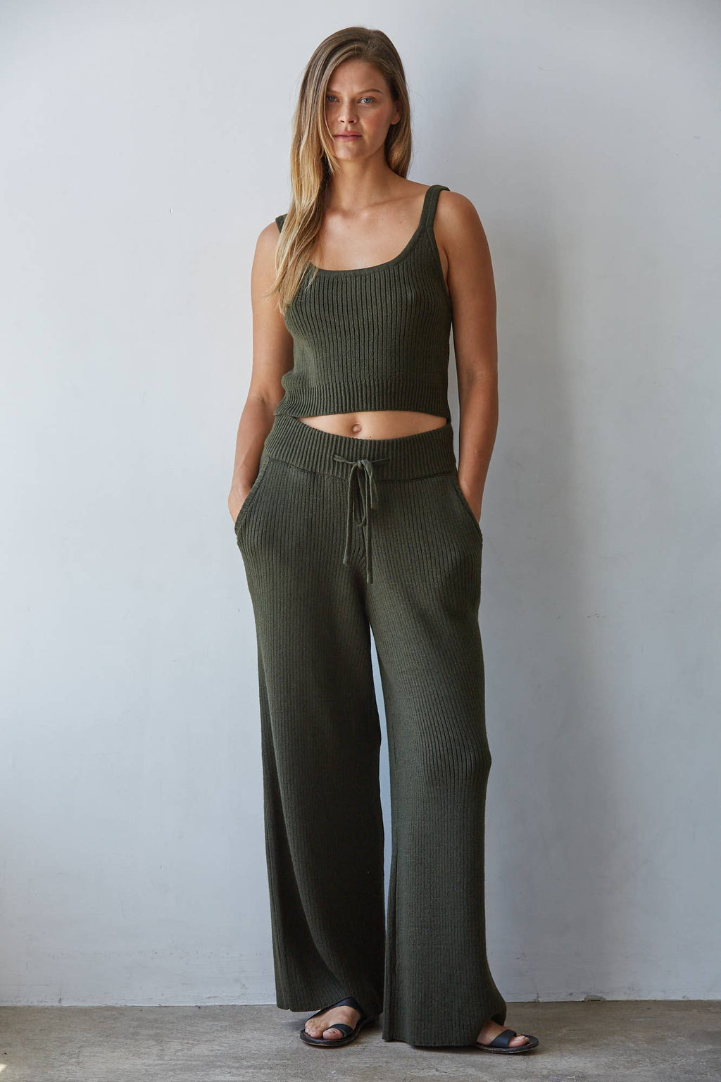 W2242B | Knit Sweater Polyester Ribbed Straight Leg Pants: Dark Olive / M