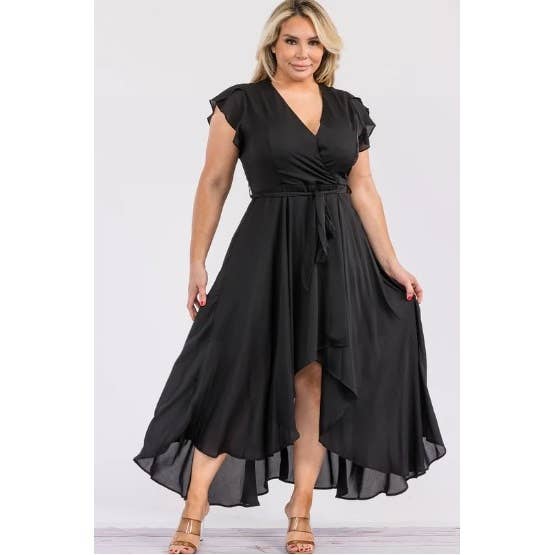 PLUS SIZE SURPLICE WRAP RUFFLE SLEEVE MIDI DRESS: Green / 1X
