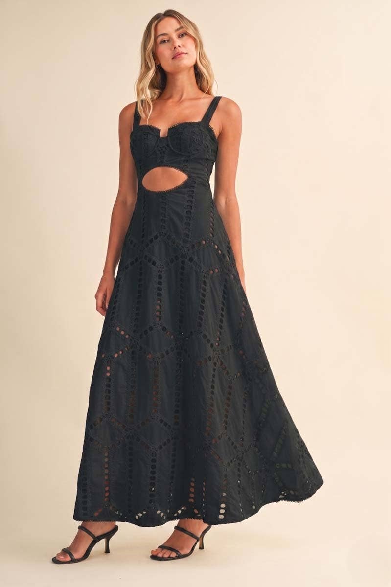 ID10399 EMBROIDERED CUTWORK BUSTIER FLARE LONG DRESS WITH MI: Black / M