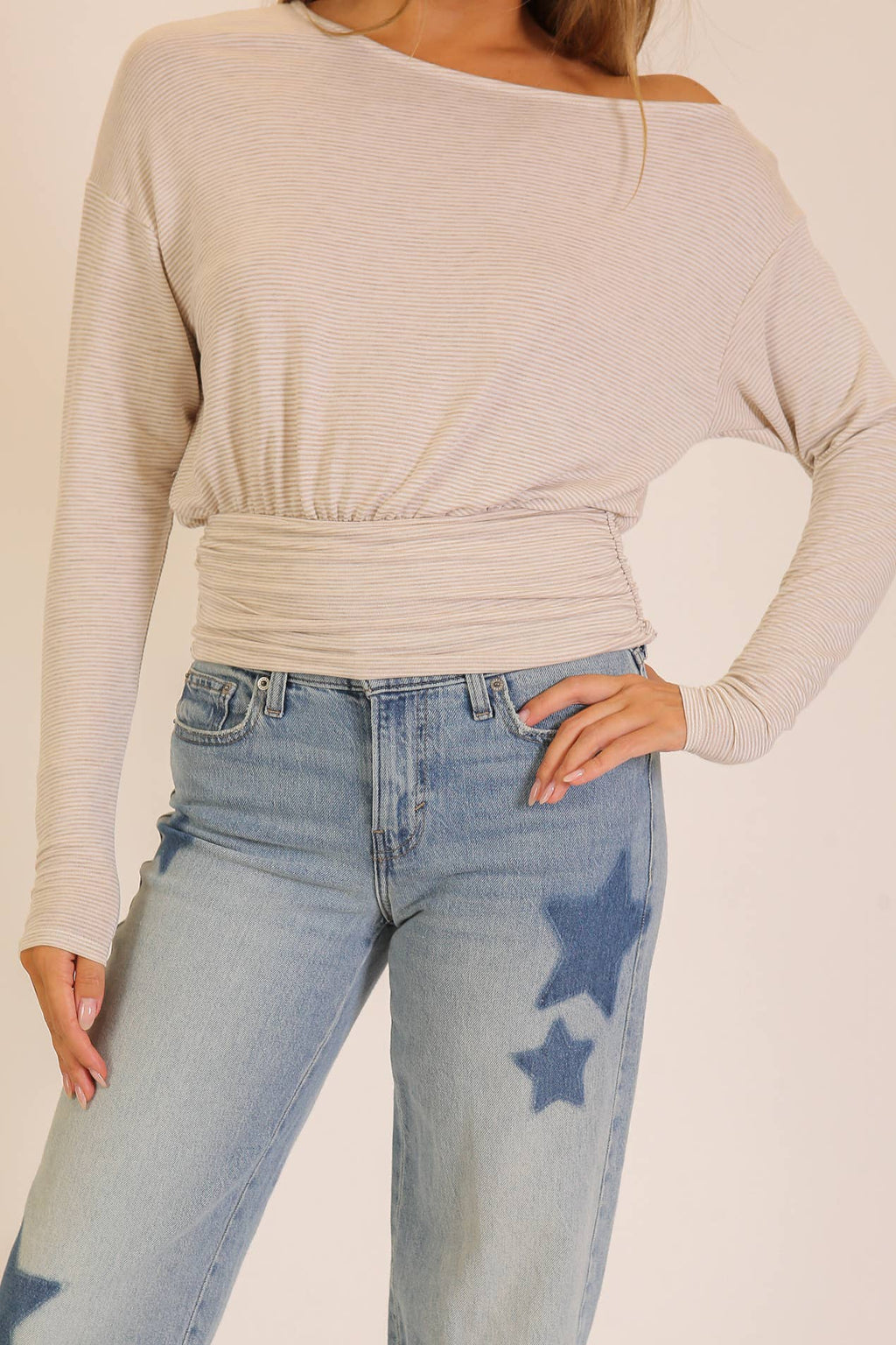 Striped One-Shoulder Ruched Waist Top