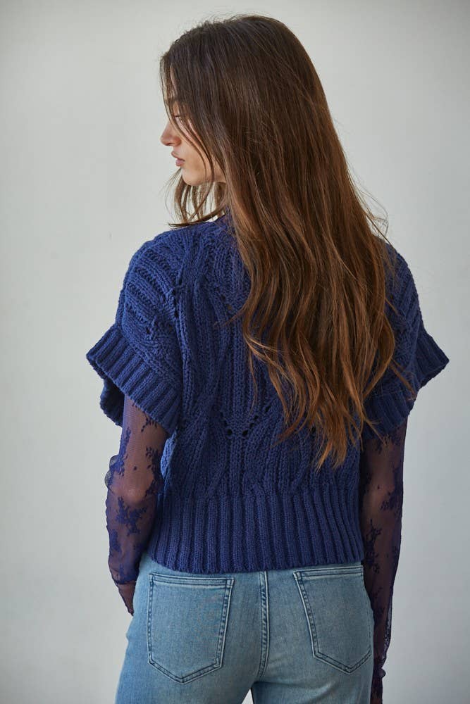 W1124 | Knit Sweater Crochet Round Neck Short Sleeve Top: Taupe / Small
