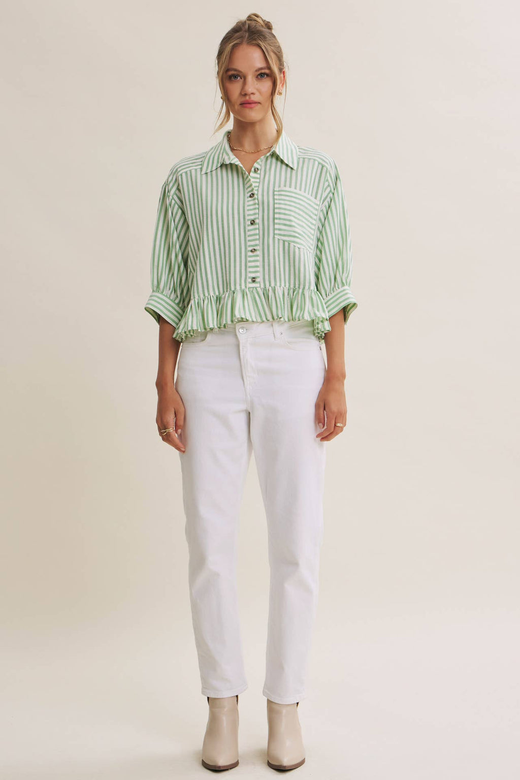YEAR-ROUND CLASSIC COTTON STRIPE BUTTON-DOWN PEPLUM SHIRT: CLOVER GREEN / L