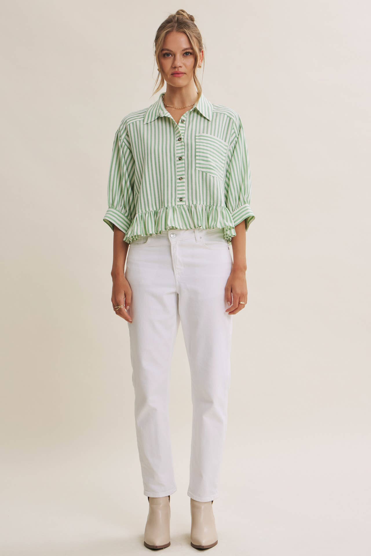 YEAR-ROUND CLASSIC COTTON STRIPE BUTTON-DOWN PEPLUM SHIRT: CLOVER GREEN / L