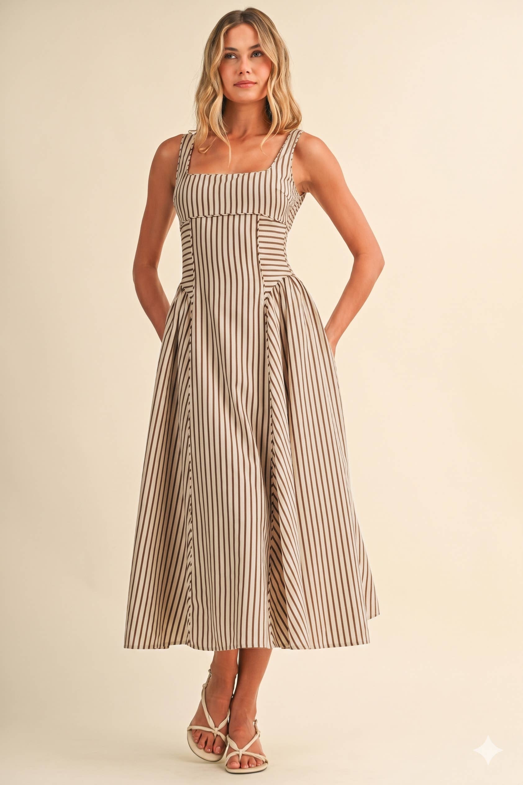 ID10390 STRIPED JUMBO BACK BUCKLE PIPING DETAIL MIDI DRESS: CREAM/BROWN / L