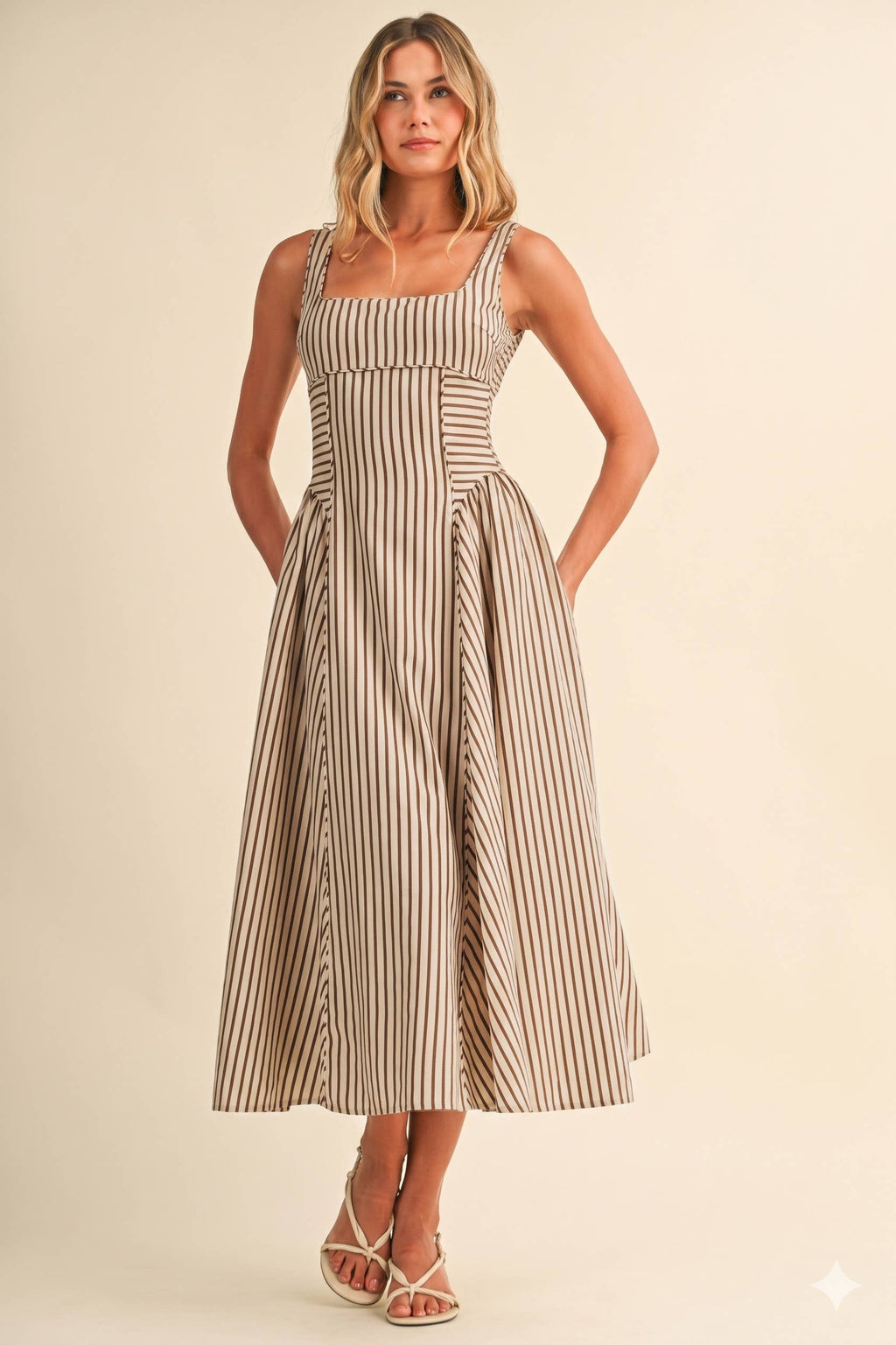 ID10390 STRIPED JUMBO BACK BUCKLE PIPING DETAIL MIDI DRESS: CREAM/BROWN / S