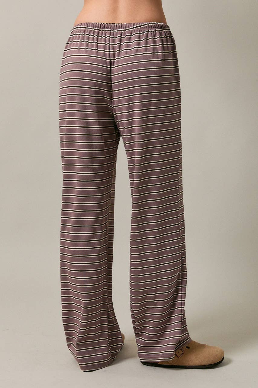 MID WAISTED WIDE LEG STRIPED PANTS: MAUVE-BROWN STRIPE / S