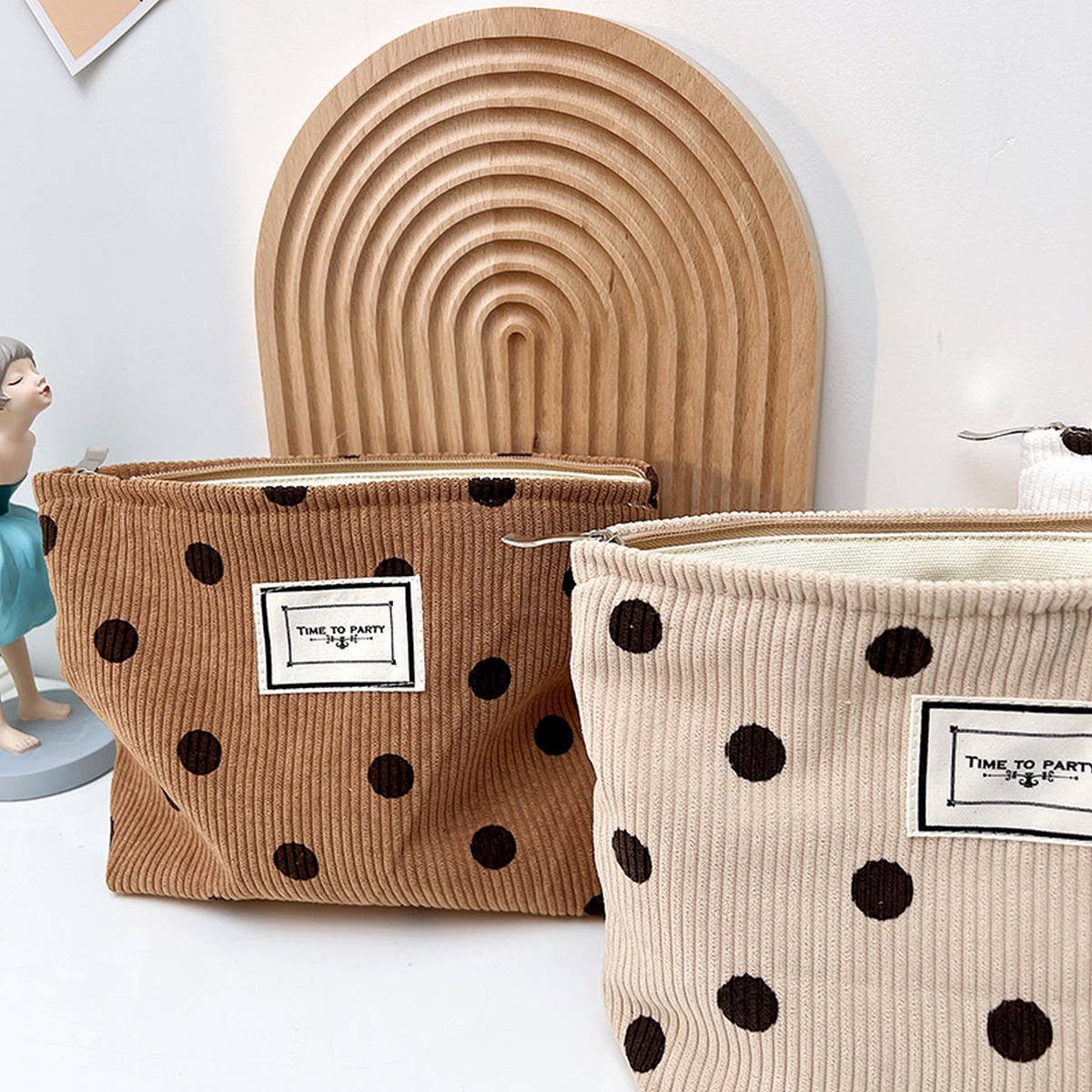 CORDUROY RETRO POLKA DOT MAKEUP BAG STORAGE BAG_CWAB1220: White / (OS) 2