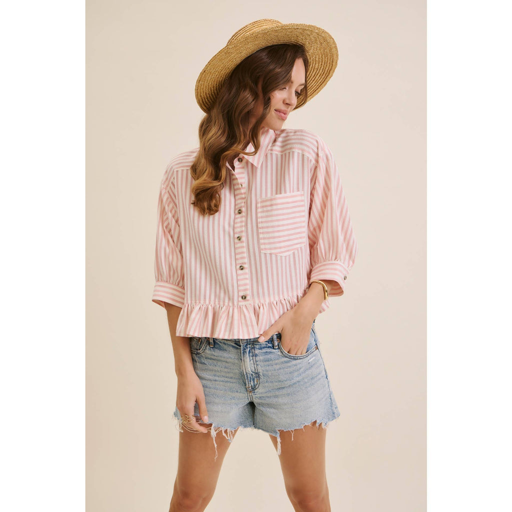 YEAR-ROUND CLASSIC COTTON STRIPE BUTTON-DOWN PEPLUM SHIRT: CLOVER GREEN / S