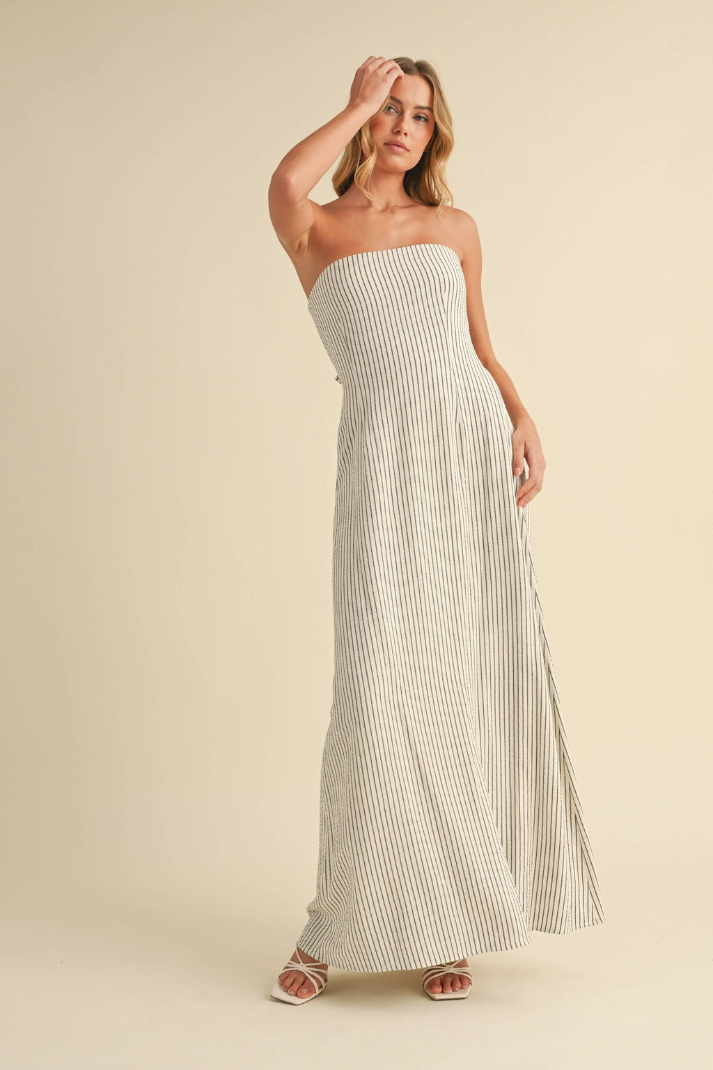 STRIPED LONG BACK TIE STRAPLESS MAXI DRESS: IVORY