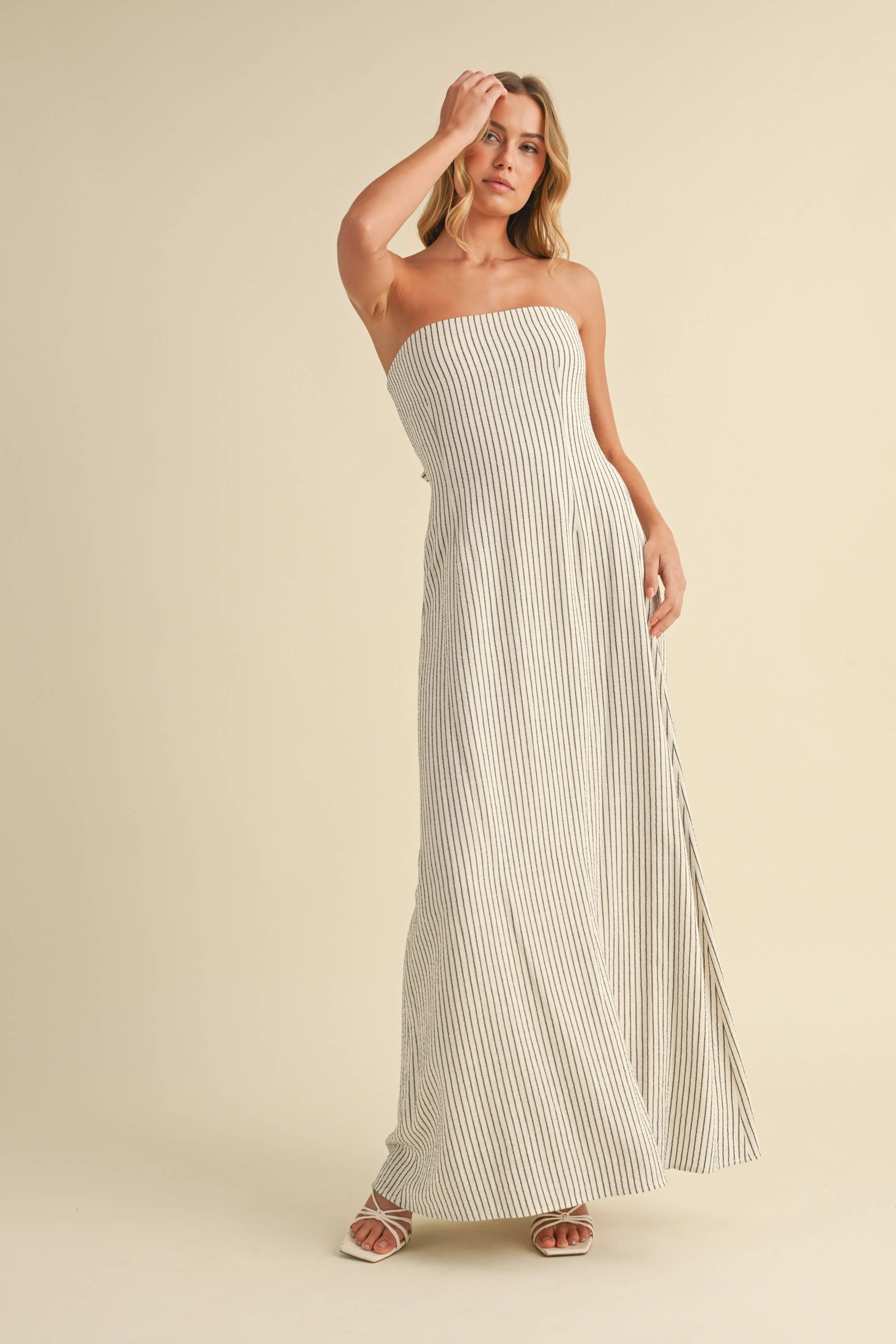 STRIPED LONG BACK TIE STRAPLESS MAXI DRESS: IVORY