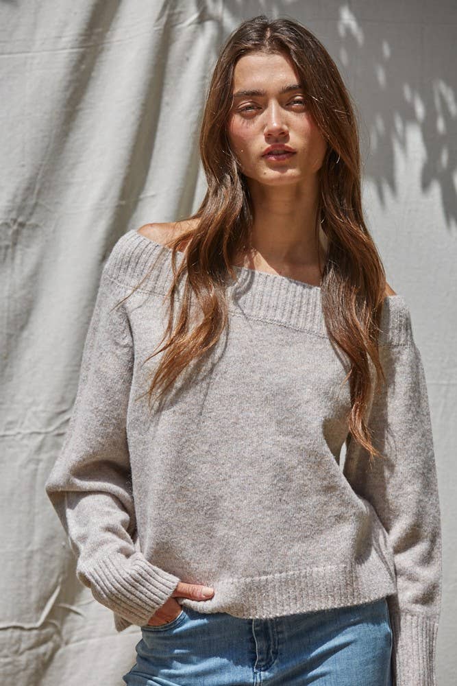 W2248 | Knit Sweater Off The Shoulder Pullover : Heather Light Mocha / M