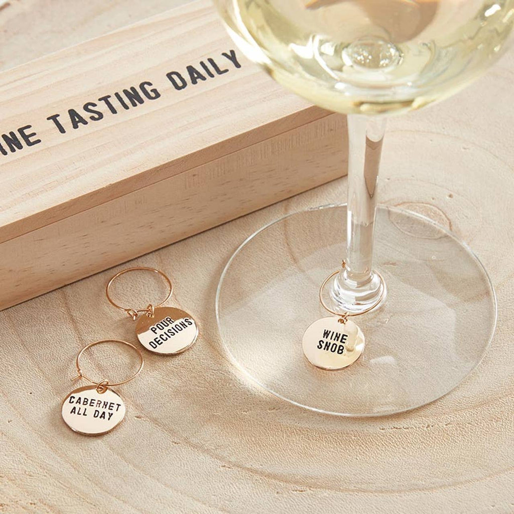 Gold Wine Charms in Pine Box - Wine Tasting Daily: Spot Clean Only / Wood, Stainless Steel, Zinc Alloy