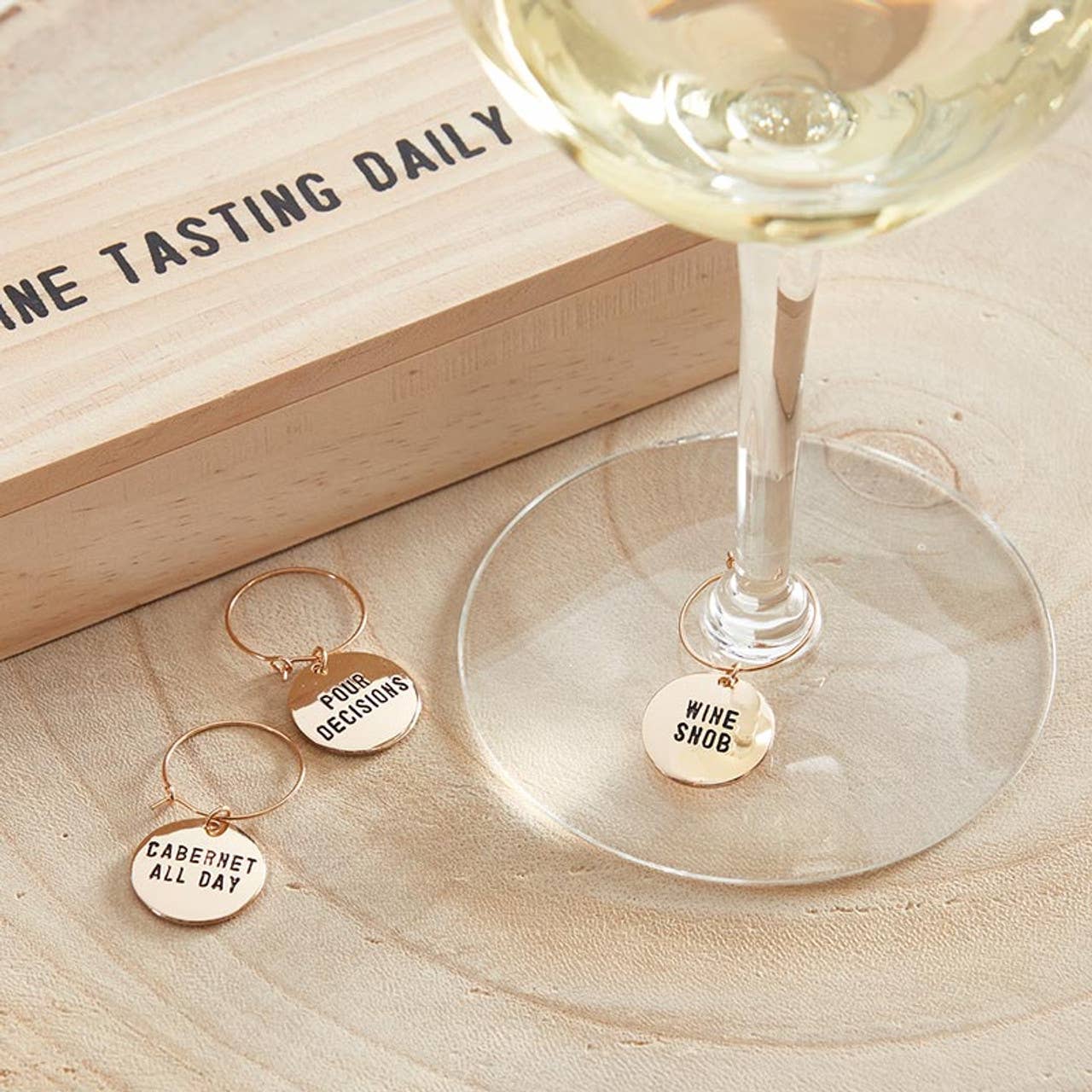 Gold Wine Charms in Pine Box - Wine Tasting Daily: Spot Clean Only / Wood, Stainless Steel, Zinc Alloy