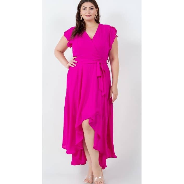 PLUS SIZE SURPLICE WRAP RUFFLE SLEEVE MIDI DRESS: Green / 1X