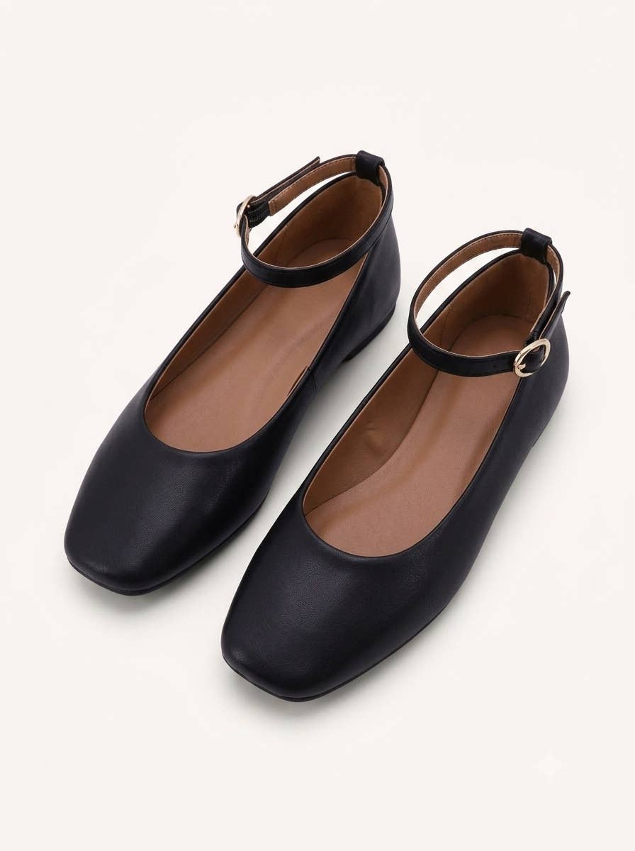 GLOBAL-25X Ankle Strap Ballet Flats with Square Toe: TOBACCO SU / A12