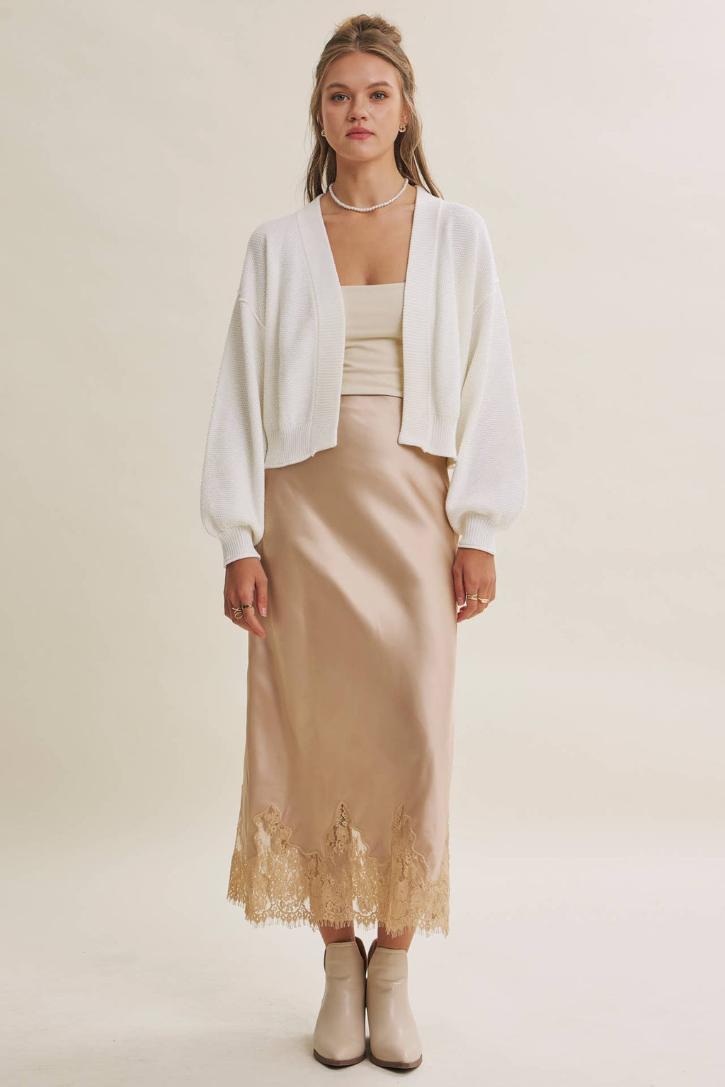UNEXPECTED ELEGANT FRENCH LACE SATIN MIDI SKIRT: BLACK / L