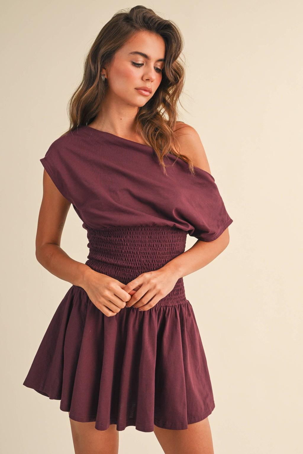 OFF SHOULDER SMOCKED WAIST MINI DRESS