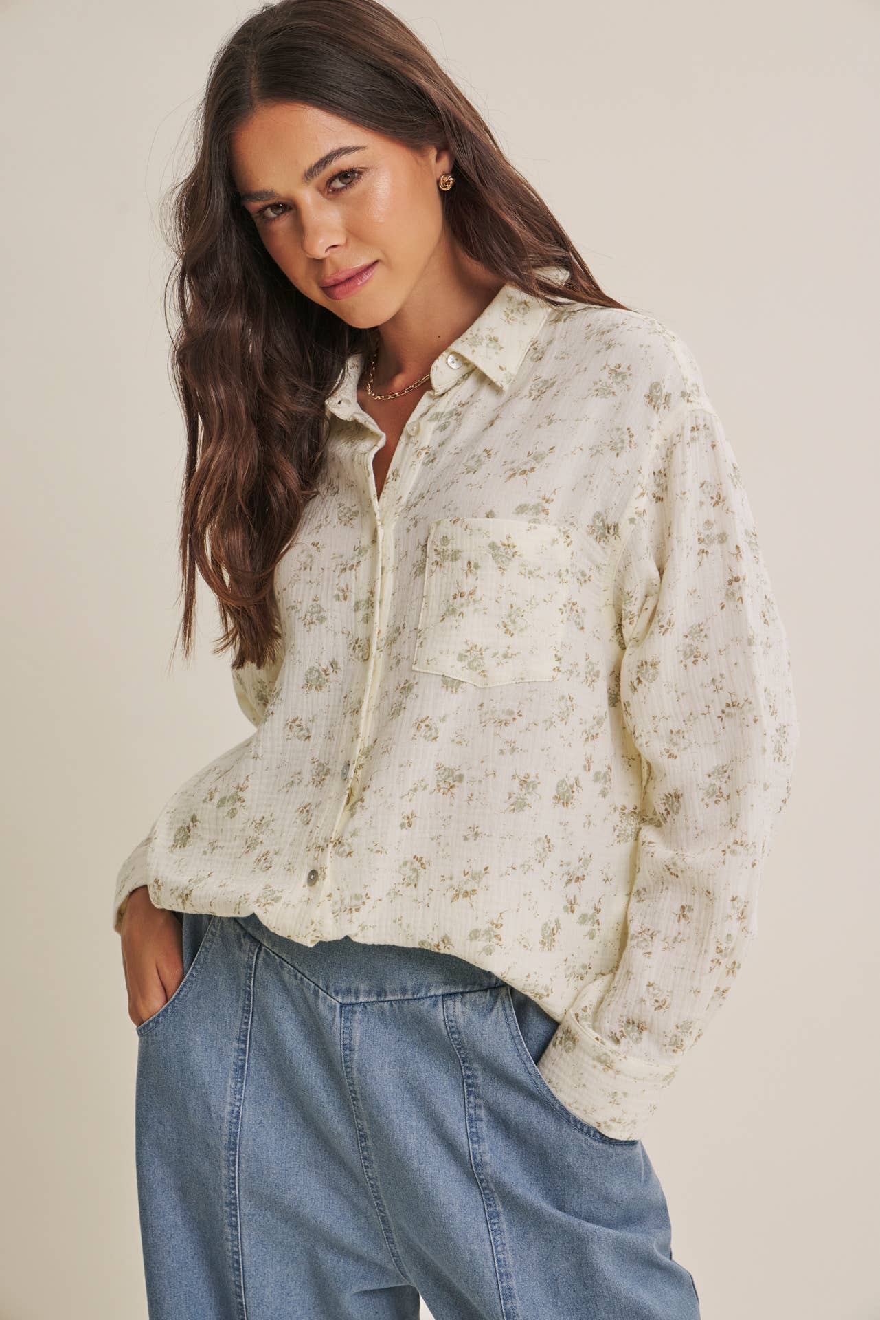 SOFT BREEZE FLORAL COTTON GAUZE RELAXED FIT SHIRT