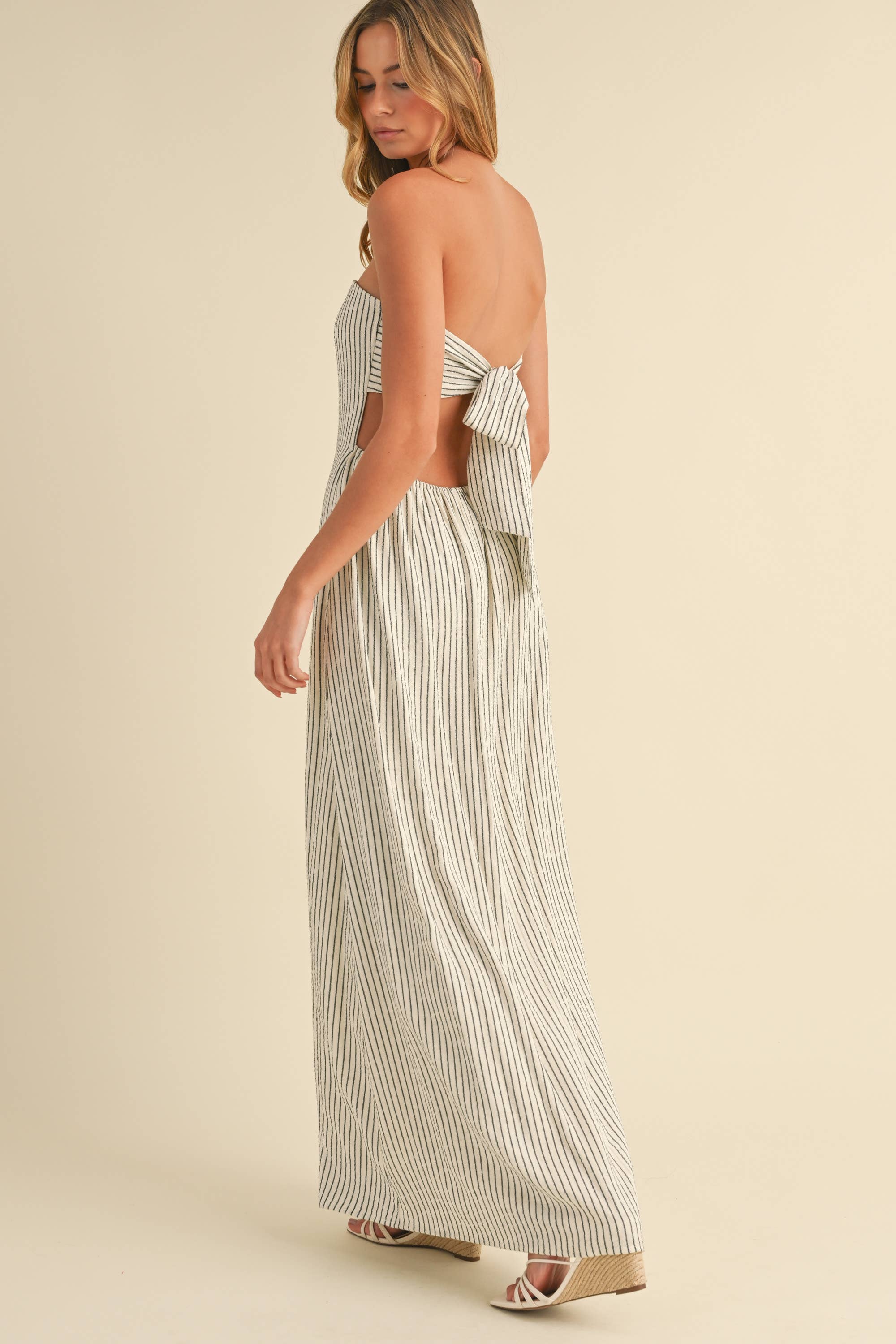 STRIPED LONG BACK TIE STRAPLESS MAXI DRESS: IVORY