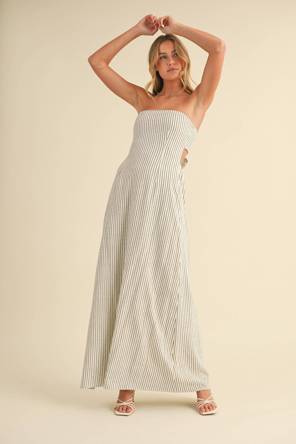 STRIPED LONG BACK TIE STRAPLESS MAXI DRESS: IVORY