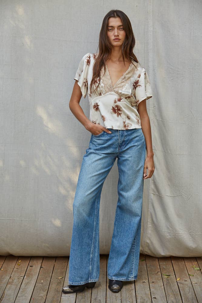 Woven Satin Polyester Floral Print Top