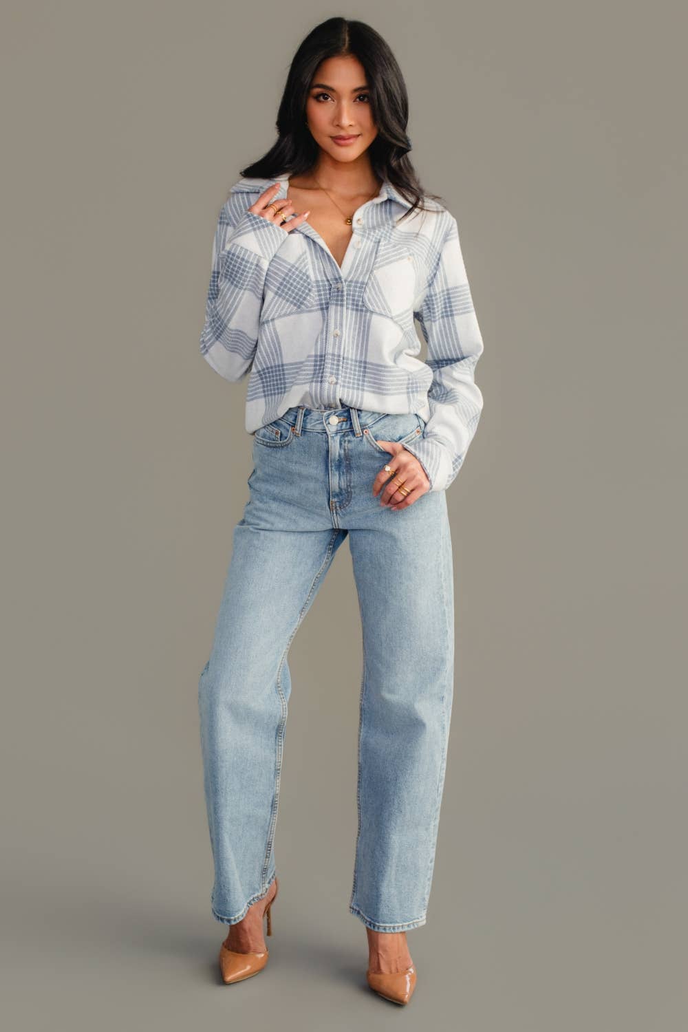 White & Dusty Blue Plaid Button Up