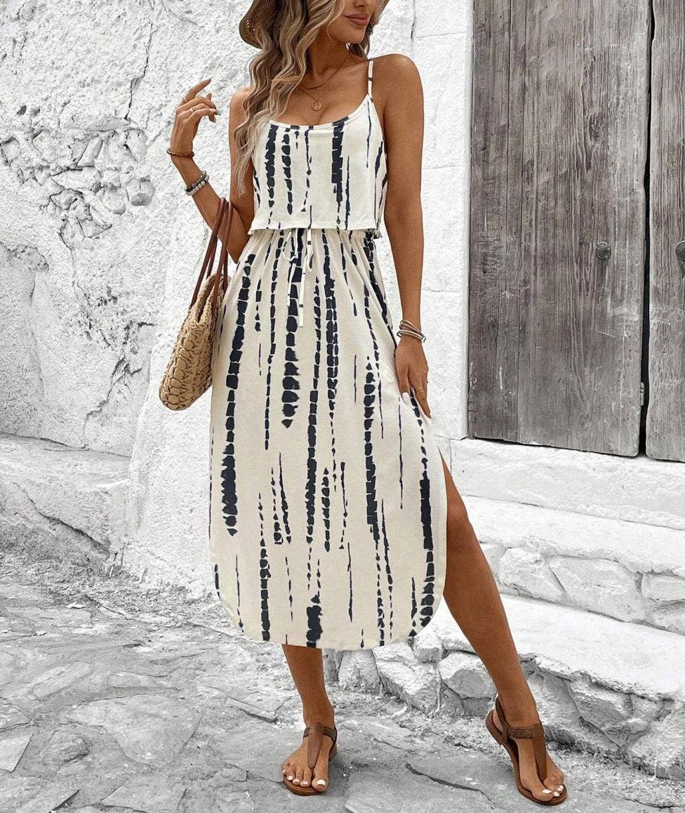 Printed Spaghetti Strap Layered Bodice Midi Dress