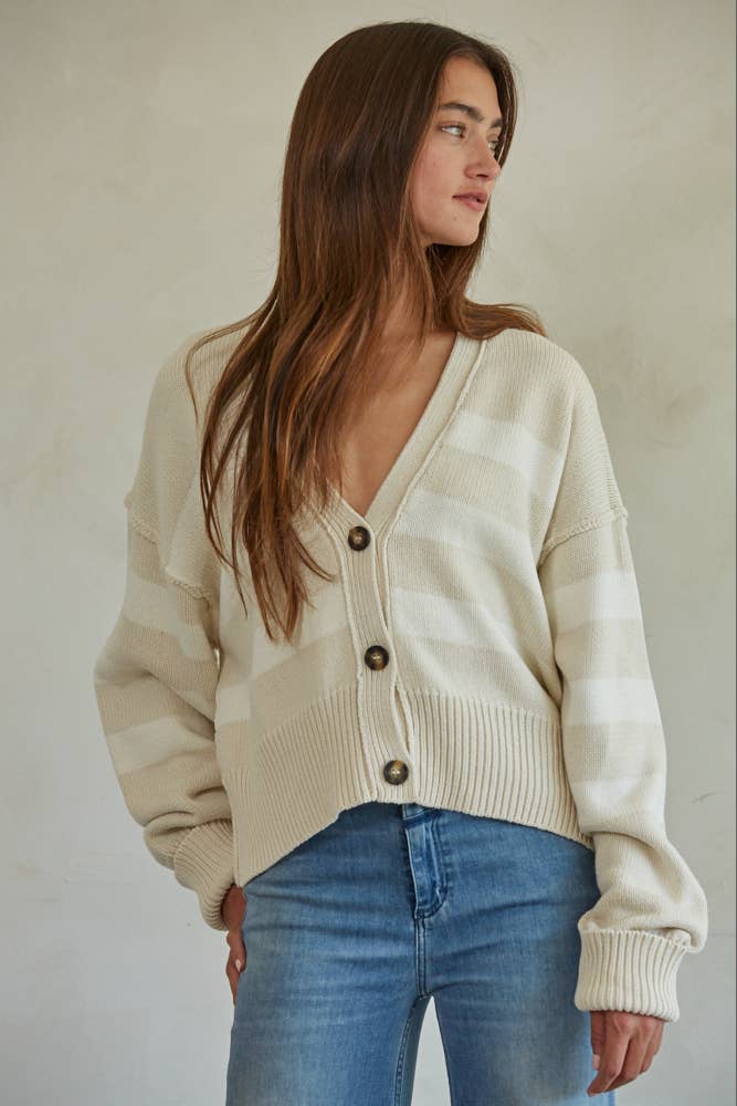 W1537 | Knit Sweater Striped Button Down Cardigan: Cream Navy / M