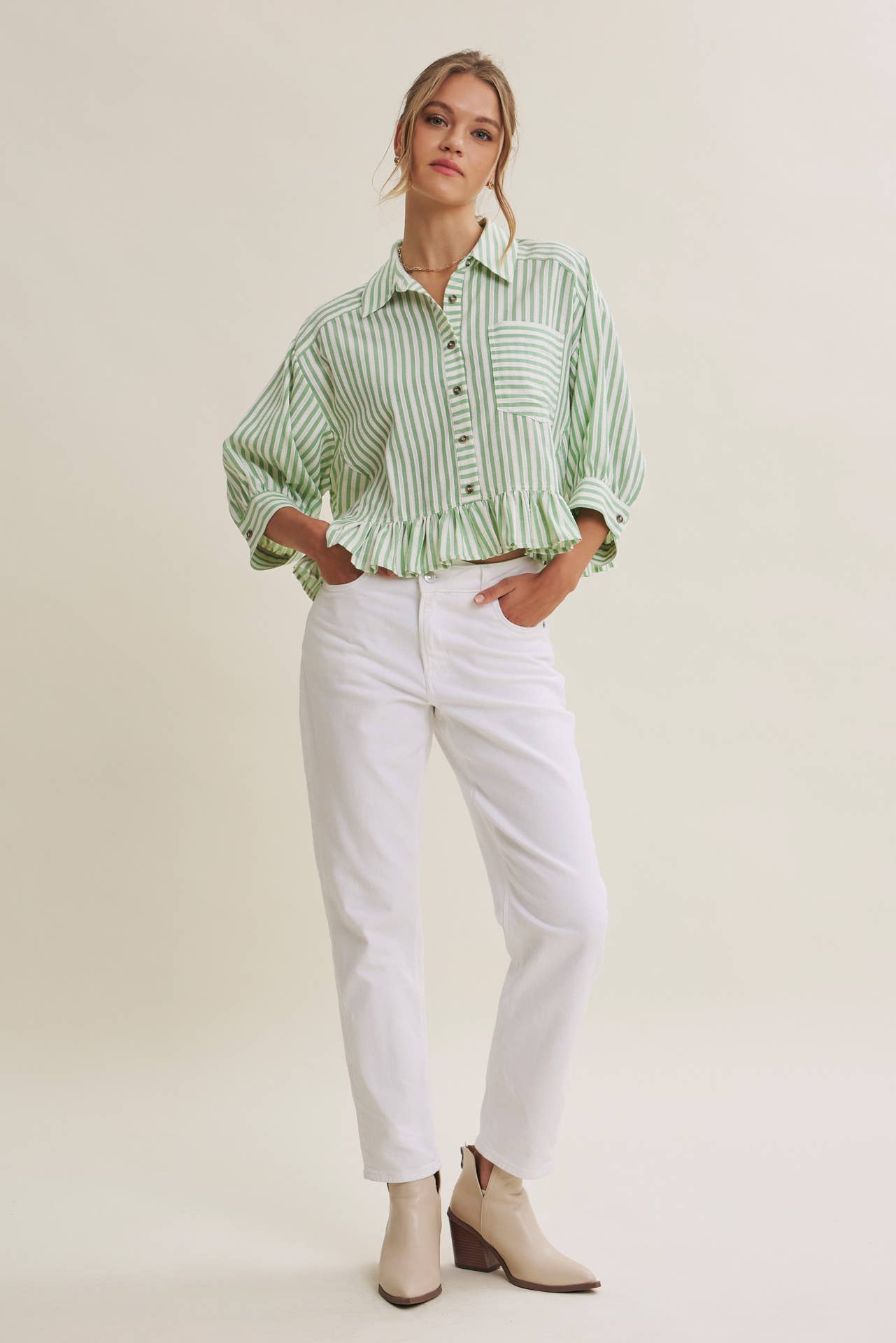 YEAR-ROUND CLASSIC COTTON STRIPE BUTTON-DOWN PEPLUM SHIRT: CLOVER GREEN / L