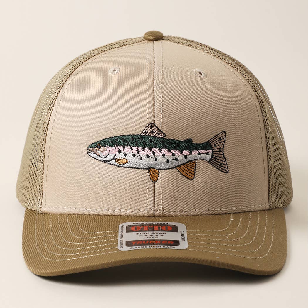 Rainbow Trout Fish Embroidered Mesh Back Trucker Hat: HeatherGray/HeatherGray/White / ONE SIZE