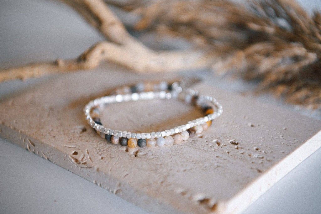 Gemstone Double Wrap Silver Beaded Bracelet : Jade