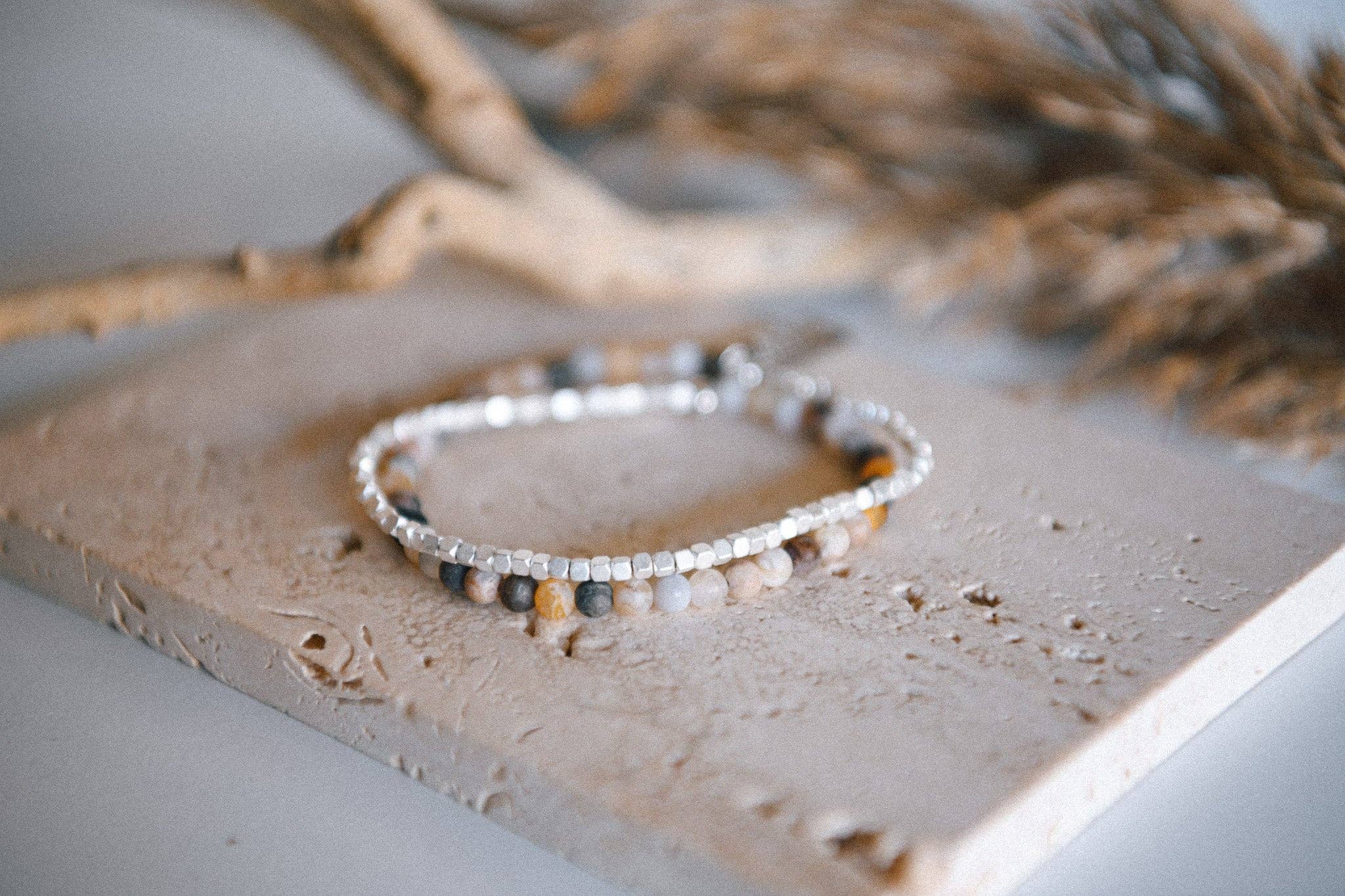 Gemstone Double Wrap Silver Beaded Bracelet : Black Agate