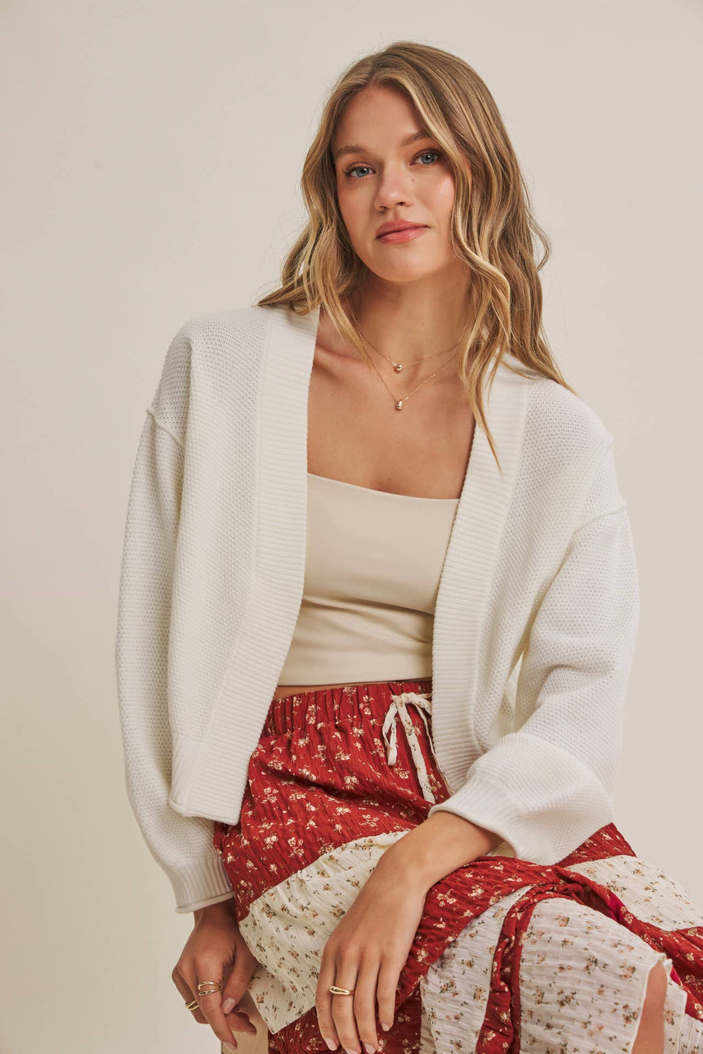 EVERYDAY ESEENTIAL EASY LAYERING BALLOON SLV WAFFLE CARDIGAN