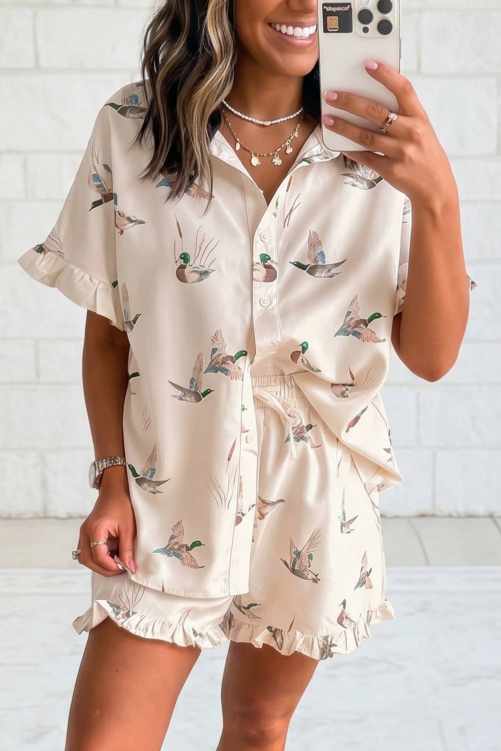 Mallard Print Ruffle 2 Pcs Sleepwear Set: Beige