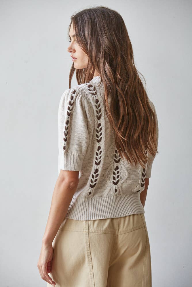 Knit Sweater Contrast Stitch Quarter Sleeve Pullover