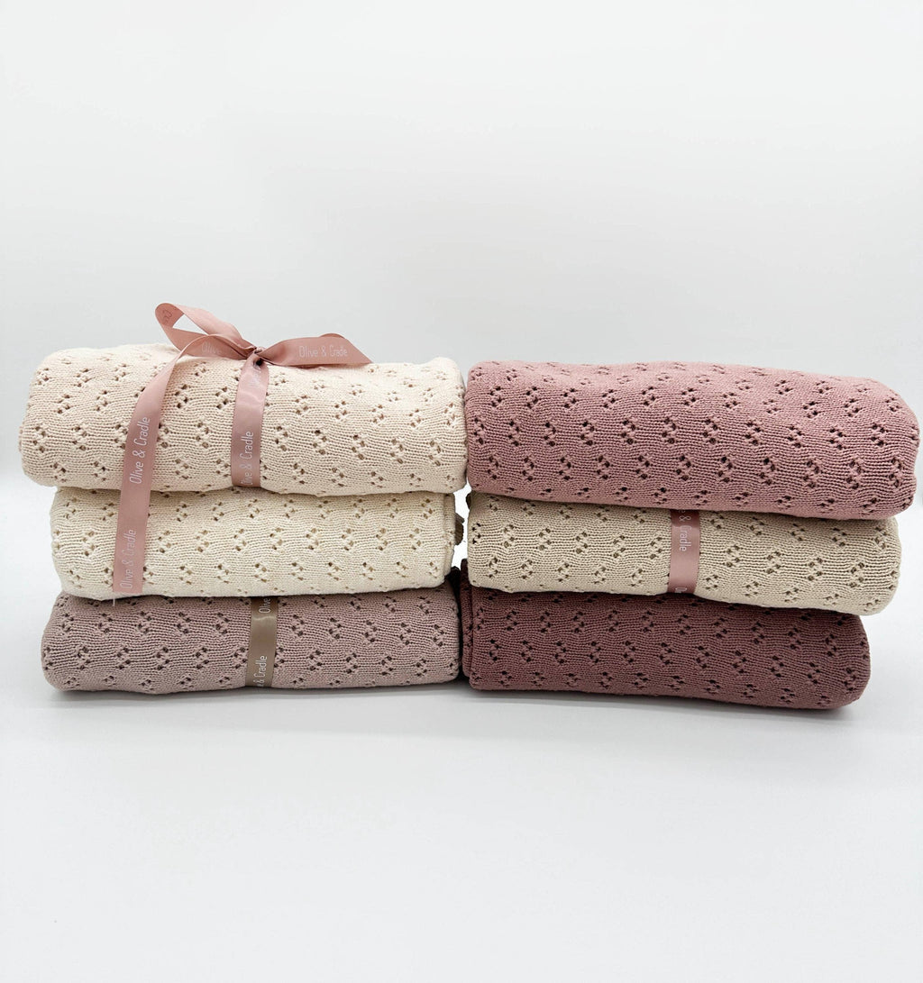 Grace Knitted Cotton Baby Blanket: Dusty pink