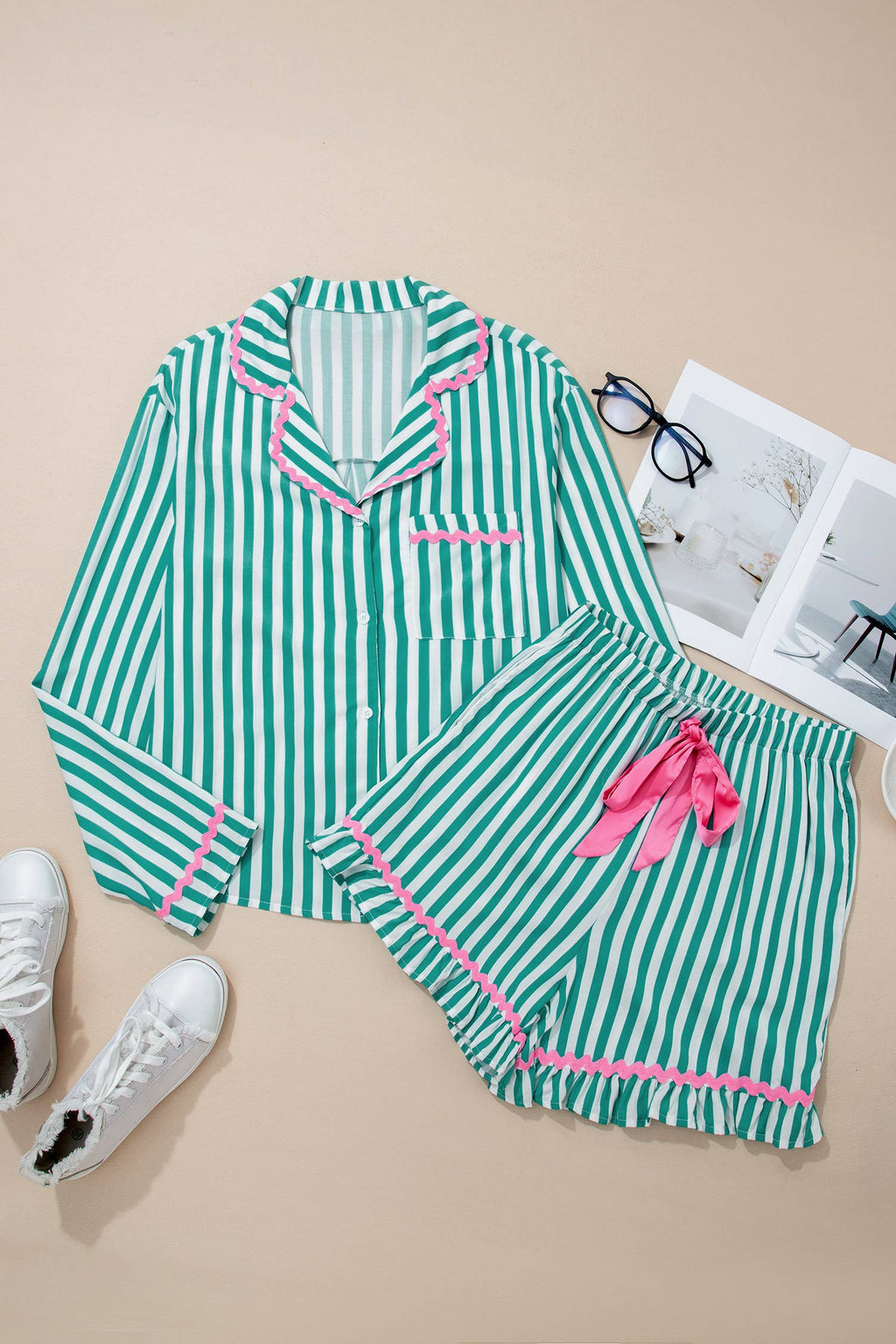 Stripe Long Sleeve Shirt Ribbon Drawstring Shorts 2 Pcs Set: Green Stripe