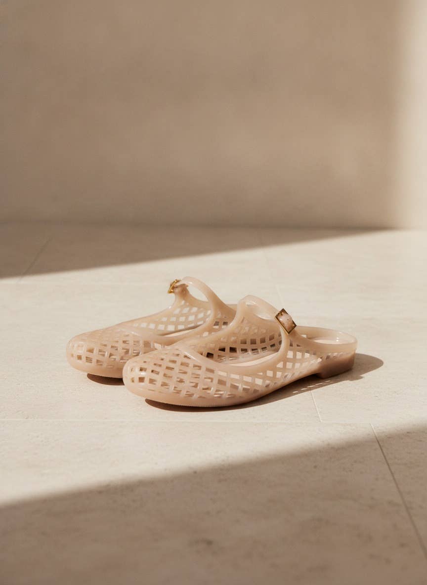 MACY-01 Woven Jelly Mary Jane Flats with Buckle Strap: NUDE / A12