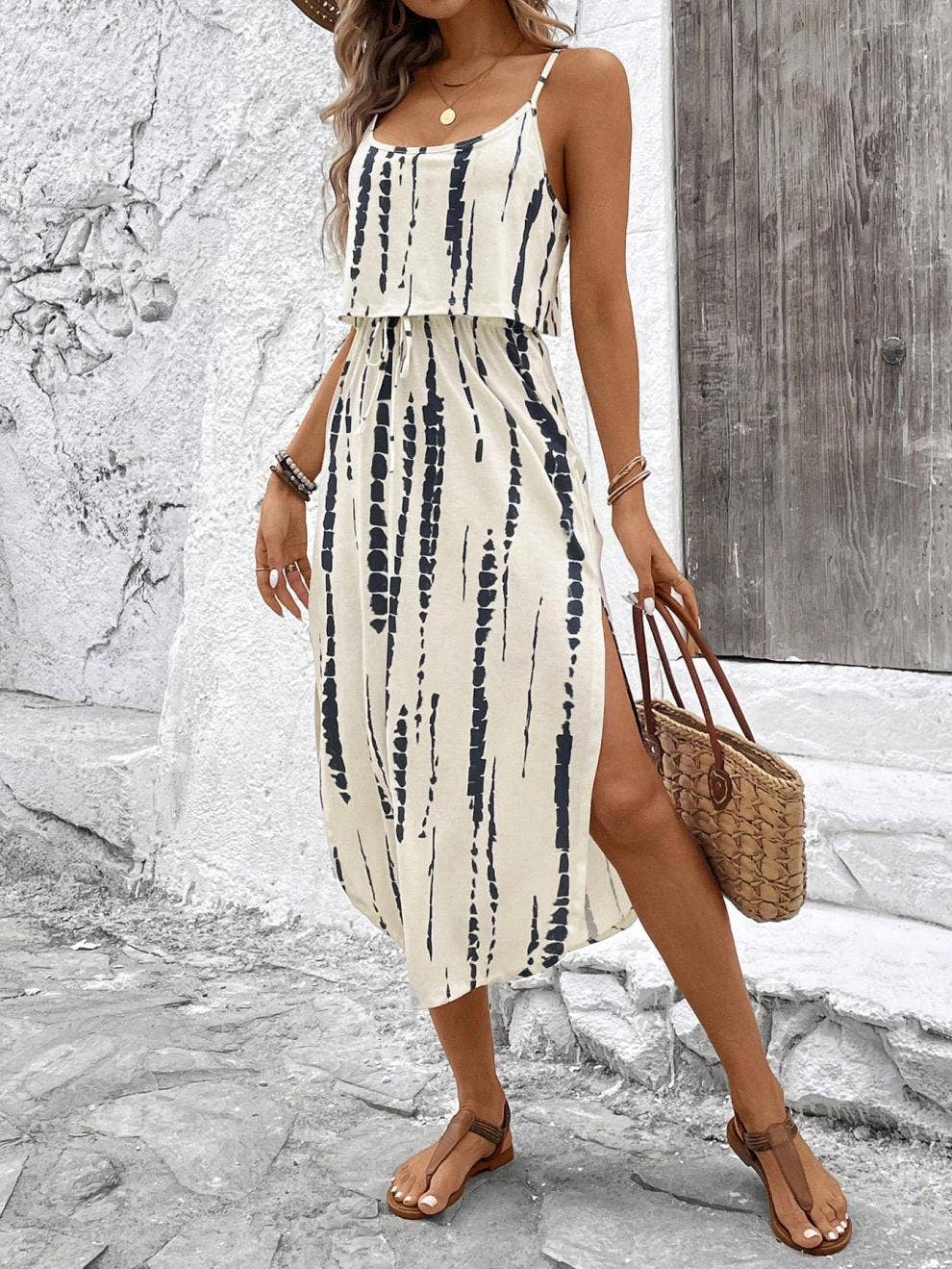Printed Spaghetti Strap Layered Bodice Midi Dress