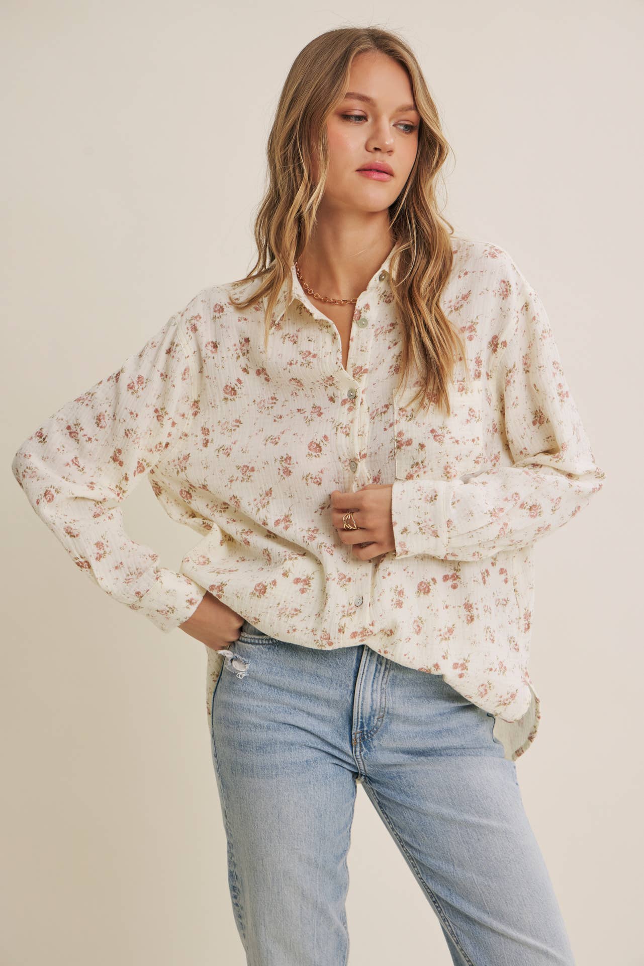 SOFT BREEZE FLORAL COTTON GAUZE RELAXED FIT SHIRT