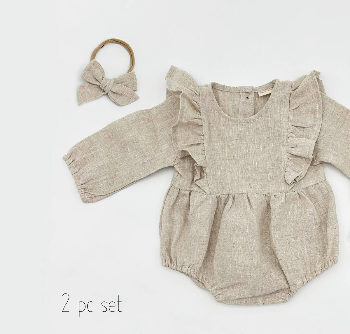 Gabriella Longsleeve Romper with Bow: Olive-moss / 3-6 months