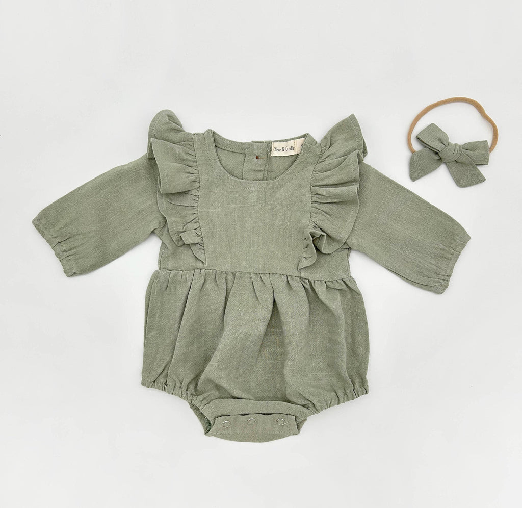 Gabriella Longsleeve Romper with Bow: Olive-moss / 0-3 months