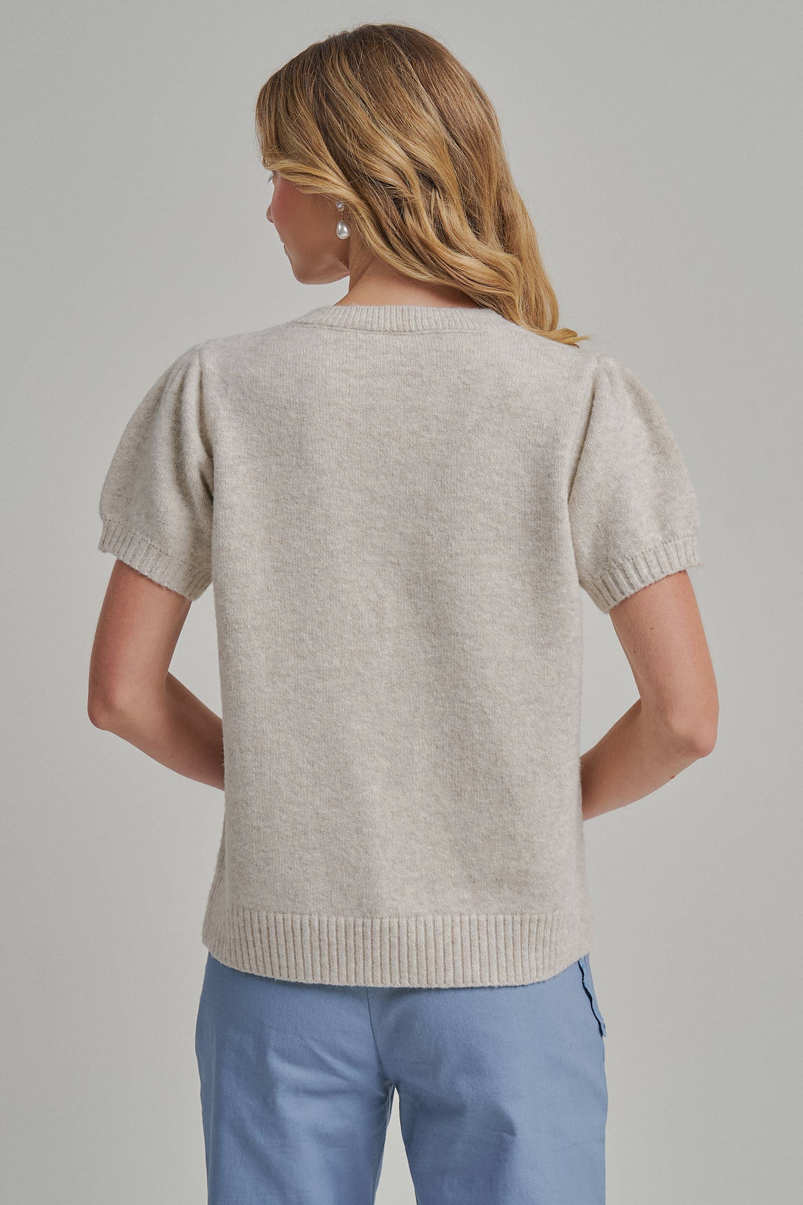 SHORT SLEEVE RELAXED FIT CARDIGAN _JLT00295-01: OATMEAL / S-M-L(2-2-2)