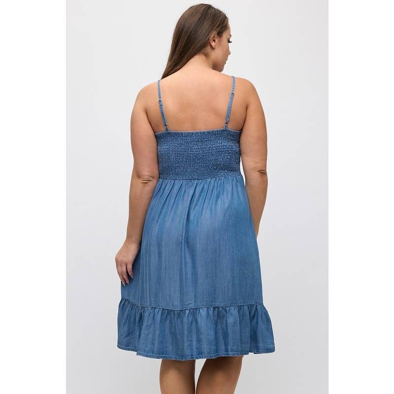 PLUS SIZE DENIM TENCEL BUTTON FRONT RUFFLE HEM MINI DRESS: DENIM BLUE / 2X
