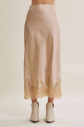 UNEXPECTED ELEGANT FRENCH LACE SATIN MIDI SKIRT: CHAMPAGNE / S