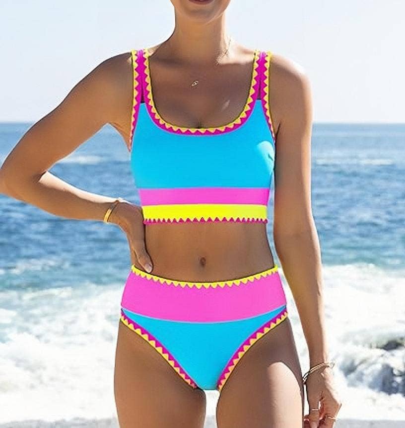Colorblock High Waisted Bikini Set with Scalloped Trim