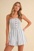 IR2194 STRIPED STRAPLES NON FUNCTIONAL BUTTON DOWN ROMPER: IVORY / M