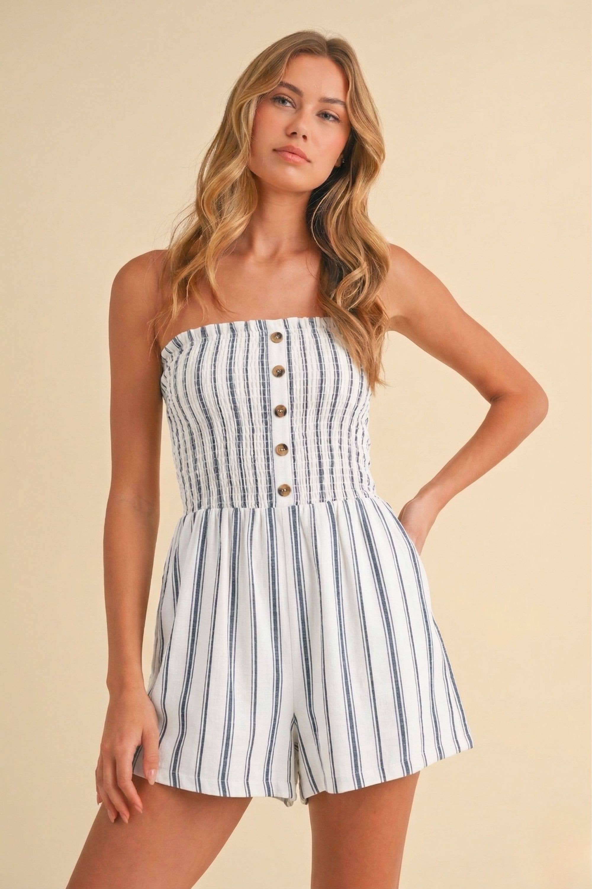 IR2194 STRIPED STRAPLES NON FUNCTIONAL BUTTON DOWN ROMPER: IVORY / M
